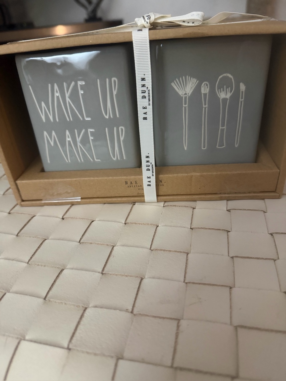 Rae Dunn Gray Ceramic 'Wake Up Make Up' Brush Holder Set